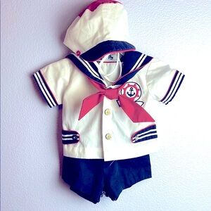 Petite Jolie Nautical Sailor Navy Matching Set - Hat Bib Overalls Button Up